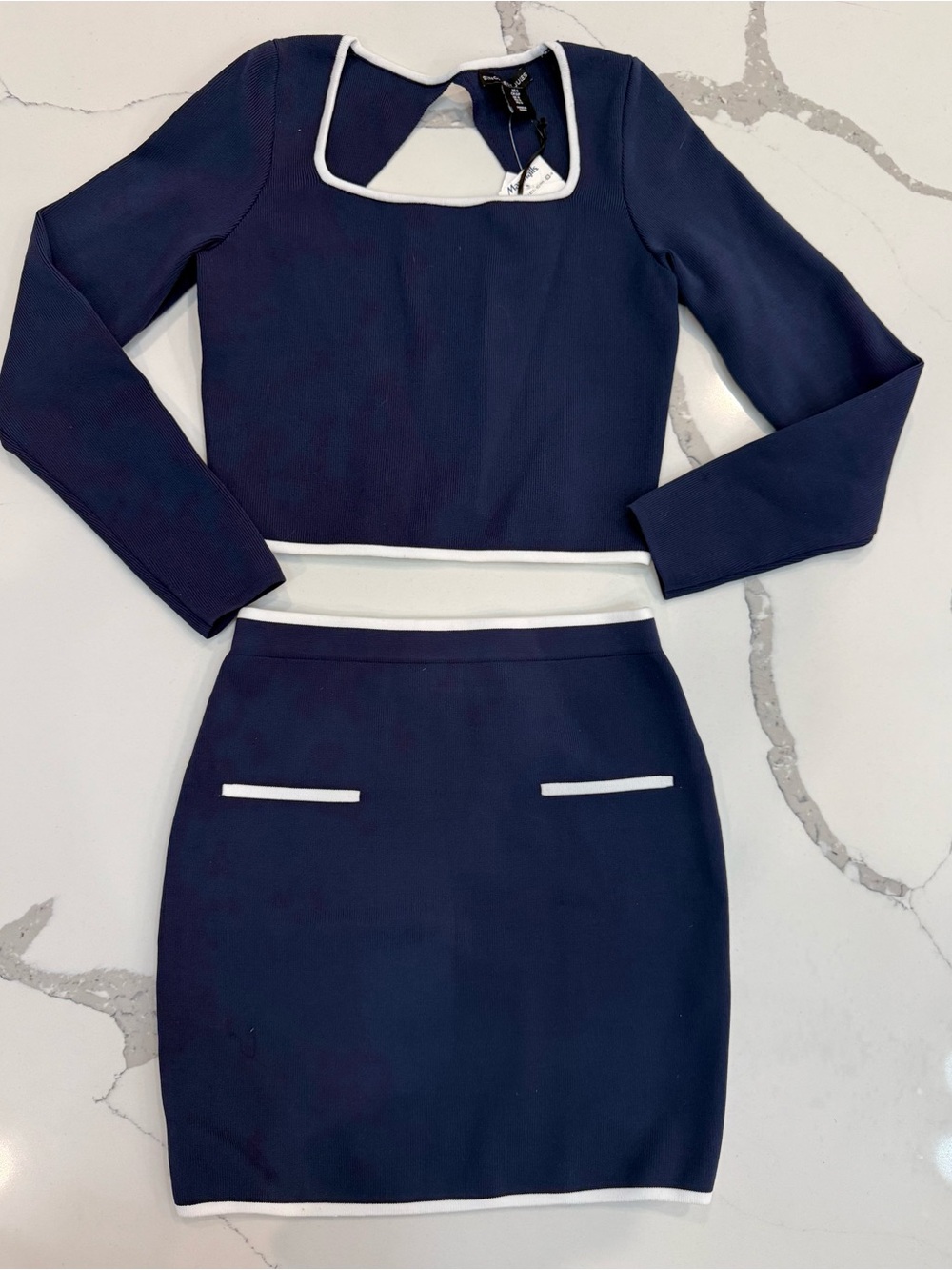 Sincerely Jules Navy Long-Sleeve Crop Top & Skirt Set with White Trim
